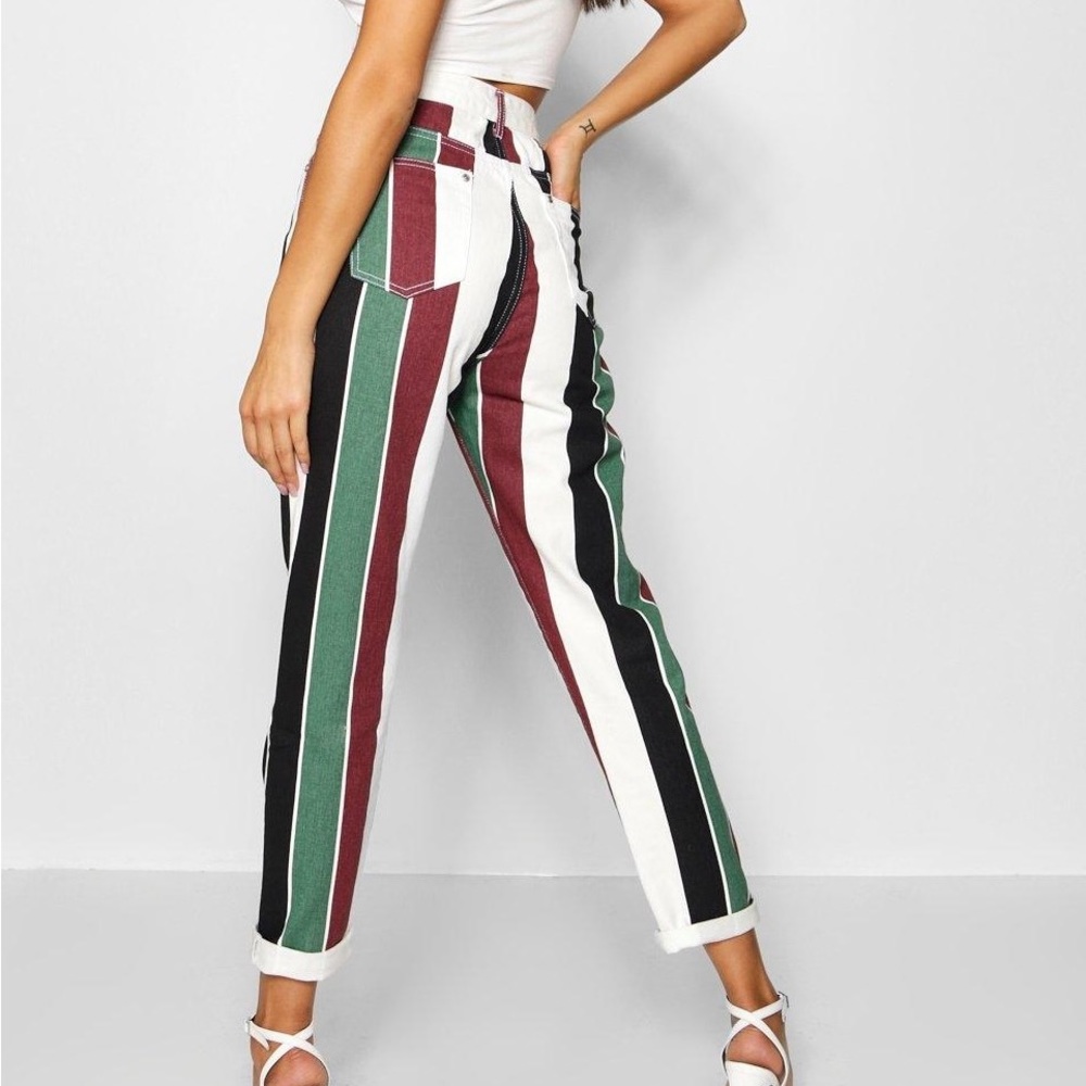 boohoo Blue Mid Rise Bold Stripe Straight Leg Festival Jeans